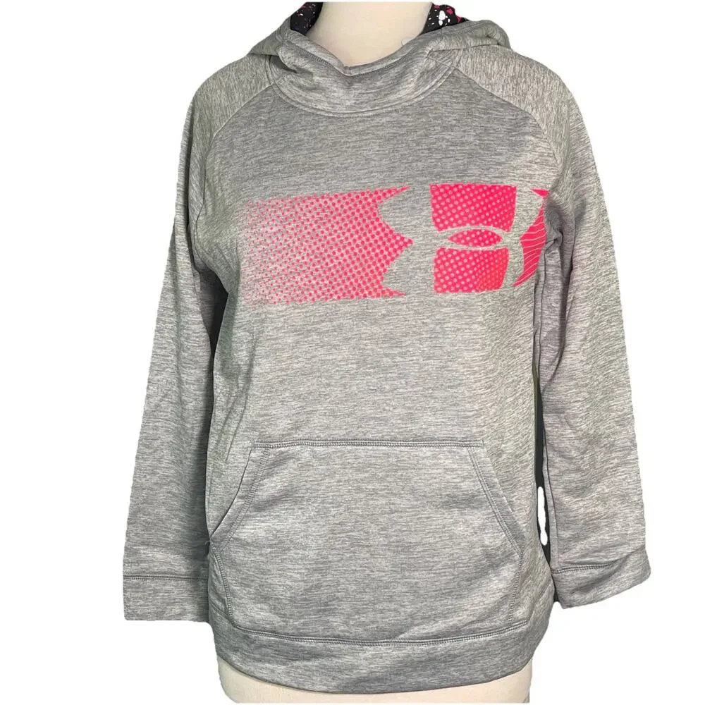 Under Armour Cold Gear Loose Light Gray Hoodie Neon Pink Large Logo Youth XL-NWT